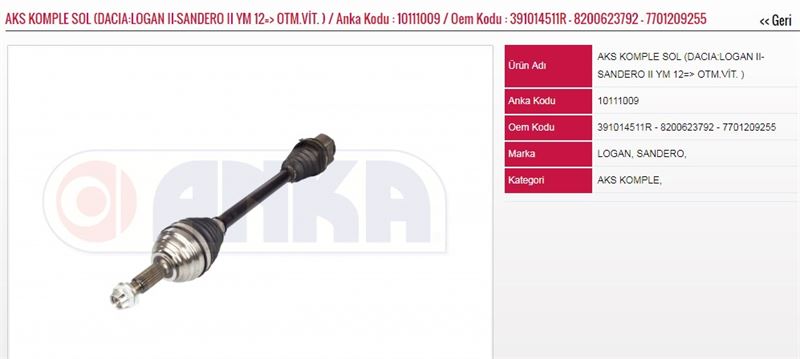 ANKA-1011-1009-1.jpg AKS KOMPLE SOL YM 12=> OTM.VİT. ) DACIA LOGAN II SANDERO II (1 AD ) - Görsel 1