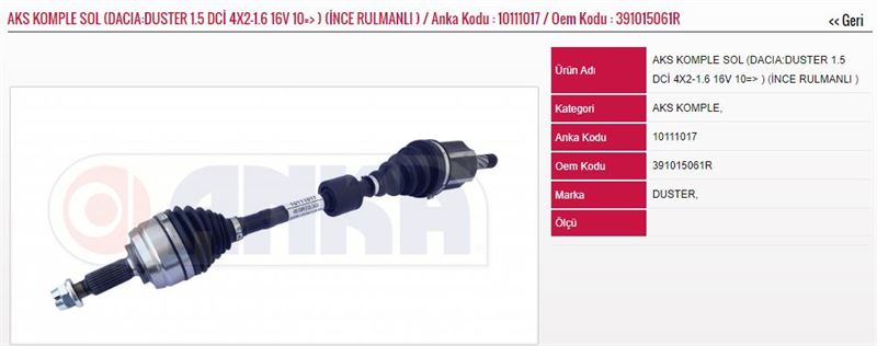 ANKA-1011-1017-1.jpg AKS KOMPLE SOL 1.5 DCİ 4×2-1.6 16V 10=> (İNCE RULMANLI ) YENİ DACIA DUSTER (1 AD ) - Görsel 1