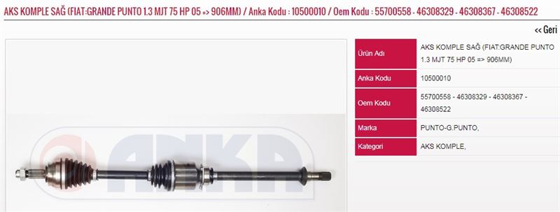 ANKA-1050-0010-1.jpg AKS KOMPLE SAĞ 1.3 MJT 75 HP 05=> 906MM FIAT GRANDE PUNTO (1 AD ) - Görsel 1