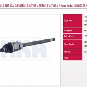 AKS KOMPLE SAĞ LALELİ EURO IV FIAT LINEA 1.6 MJT 07- GRANDE PUNTO 1.3 MJT 05- MITO 1.3 MJT 08- (1 AD )