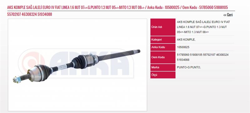 ANKA-1050-0025-1.jpg AKS KOMPLE SAĞ LALELİ EURO IV FIAT LINEA 1.6 MJT 07- GRANDE PUNTO 1.3 MJT 05- MITO 1.3 MJT 08- (1 AD ) - Görsel 1