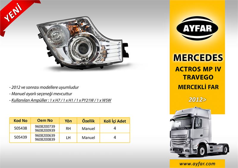 AYF.505439-1.jpg FAR MERCEKLİ - HALOJEN AMPULLÜ SOL MERCEDES ACTROS MP4 / TRAVEGO (2012 ? ) (1 AD ) - Görsel 1