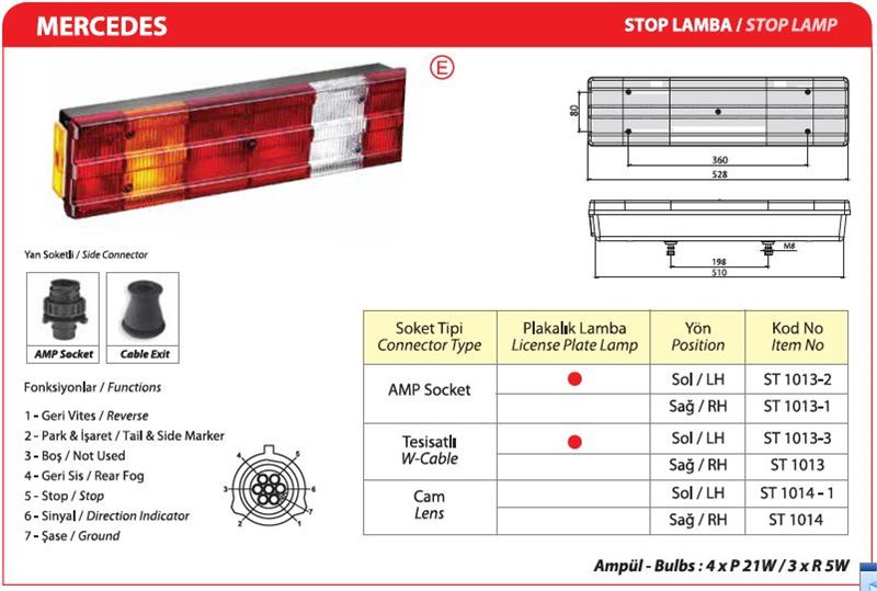 AYF.ST1013-4.jpg MERCEDES ACTROS-AXOR STOP LAMBASI PLAKASIZ (1 AD ) - Görsel 1