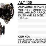 ALTERNATÖR 12V 75A ISUZU NKR 2.8 D 85- PEUGEOT J9 HITACHI TİP (1 AD )