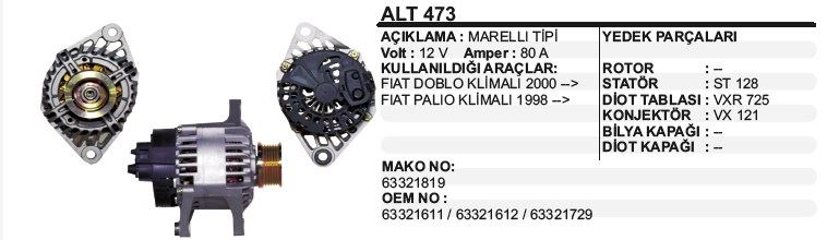 DD-ALT473-1.jpg ALTERNATÖR 12V 85A FIAT DOBLO/PALIO 00-KLİMALI MARELLİ/MAKO TİPİ (1 AD ) - Görsel 1