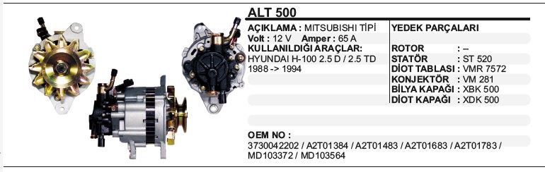 DD-ALT500-1.jpg ALTERNATOR 14V 65A PL07 MITSUBISHI L300, L 300 III, L200, PAJERO I 2.5 D, 2.5 TD... (1 AD ) - Görsel 1