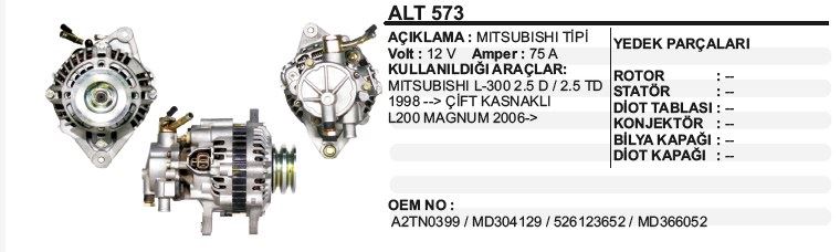 DD-ALT573-1.jpg ALTERNATÖR 12V 75A MITSUBISHI L300 D-TD H100 98-> ÇİFT KASNAK VAKUMLU MITSUBISHI TİP ALT 575 (1 AD ) - Görsel 1