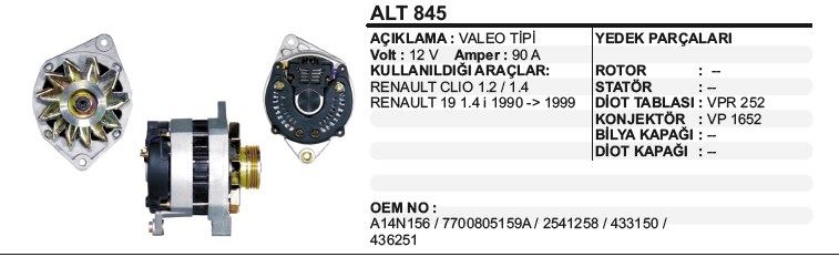 DD-ALT845-1.jpg ALTERNATÖR 12V 90A RENAULT R19- 1.4 İ /90-99 /CLIO 1.2-1 4 VALEO TİP (1 AD ) - Görsel 1