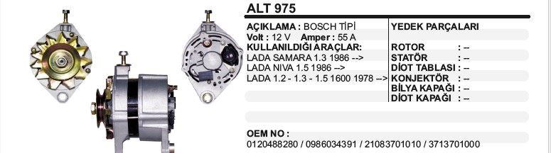 DD-ALT975-1.jpg ALTERNATÖR 12V 55A LADA SAMARA 1.3 1.2 1.5 /NIVA 1.5 86- BOSCH TİP (1 AD ) - Görsel 1