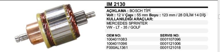 DD-IM2130-1.jpg KOLLEKTÖR MERCEDES SPRINTER /VW LT 35 / GOLF BOSCH TİP (1 AD ) - Görsel 1