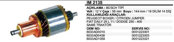 DD-IM2138-1.jpg KOLLEKTÖR 12V 14 DİŞ BOSCH010 PEUGEOT BOXER / JUMPER /DODGE 250 - 400 SAME TRAKTÖR BOSCH TİP (1 AD ) - Görsel 1