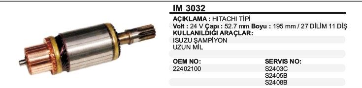 DD-IM3032-1.jpg KOLLEKTÖR 24V 11 DİŞ ISUZU ŞAMPİYON UZUN 195 MM HITACHI TİP (1 AD ) - Görsel 1