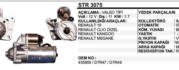 MARŞ MOTORU 11 DİŞ 12V D7R RENAULT R19 / CLIO / KANGOO / MEGANE DİZEL  VALEO TİP (1 AD )