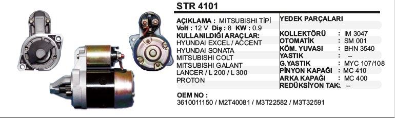 DD-STR4101-1.jpg MARŞ MOTORU 8 DİŞ 12V HYUNDAI EXCEL-ACCENT/SONATA/MITSUBISHI COLT/GALANT/LANCER/L200/L300 MITSUBISH (1 AD ) - Görsel 1