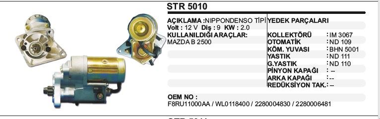 DD-STR5010-1.jpg MARŞ MOTORU 9 DİŞ 12V MAZDA B2500 YM 9D. NIPPONDENSO TİP (1 AD ) - Görsel 1