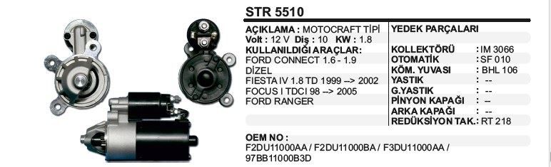 DD-STR5510-1.jpg MARŞ MOTORU 10 DİŞ 12V FORD CONNECT 1 6-1 9 DİZEL 10DİŞ MOTOGRAFT TİPİ (1 AD ) - Görsel 1