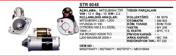 DD-STR6048-1.jpg MARŞ MOTORU 10DİŞ MITSUBISHI L300/ HYUNDAI H100 04-> KISA BURUN MITSUBISHI TİP STR6047 (AYNI) (1 AD ) - Görsel 1
