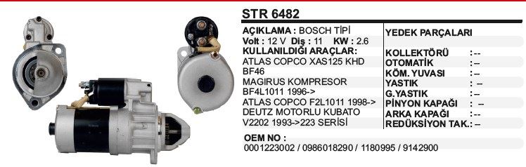 DD-STR6482-1.jpg MARŞ MOTORU 11 DIS 12V.ATLAS COPCO/DEUTZ 223 BOSCH TİP. (1 AD ) - Görsel 1