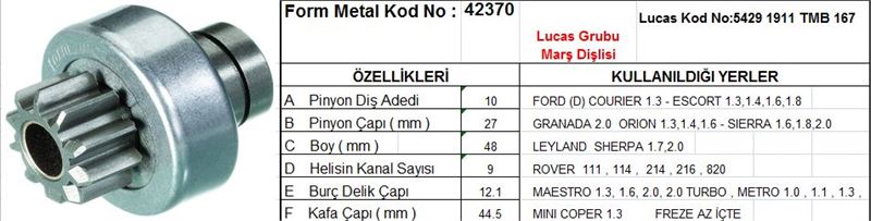 FM42370-1.jpg MARŞ DİŞLİSİ 10 DİŞ 9 KANAL LUCAS TİPİ FORD ESCORT GRANADA SIERRA ROVER MINI COOPER AZ FREZE İÇTE DS=10 DKÇ=26,8 BOY=48 KS=9 BDÇ=12,1 GÇ=46,5 (1 AD ) - Görsel 1