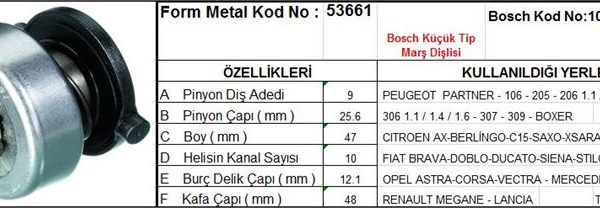 MARŞ DİŞLİSİ 9 DİŞ 10 KANAL BOSCH TİPİ PEUGEOT PARTNER 106 206 306 CITROEN BERLINGO SAXO TAM FREZE  DS=9 DKÇ=25,8 BOY=47,5 KS=10 BDÇ=12 GÇ=46,5 (1 AD )
