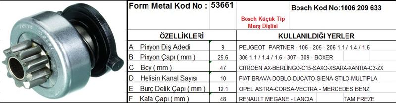 FM53661-1.jpg MARŞ DİŞLİSİ 9 DİŞ 10 KANAL BOSCH TİPİ PEUGEOT PARTNER 106 206 306 CITROEN BERLINGO SAXO TAM FREZE DS=9 DKÇ=25,8 BOY=47,5 KS=10 BDÇ=12 GÇ=46,5 (1 AD ) - Görsel 1