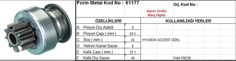 FM61177-1.jpg MARŞ DİŞLİSİ 9 DİŞ 8 KANAL JAPON TİPİ HYUNDAI ACCENT DIZEL TAM FREZE (1 AD ) - Görsel 1