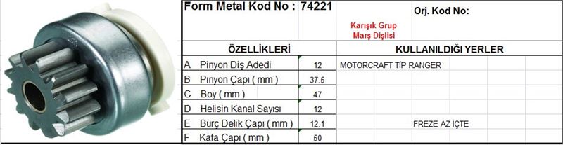 FM74221-1.jpg MARŞ DİŞLİSİ 12 DİŞ 12 KANAL MOTOCRAFT TİPİ FORD RANGER FREZE AZ ICTE DS=12 DKÇ=37,5 BOY=47 KS=12 BDÇ=12,1 GÇ=47,5 (1 AD ) - Görsel 1