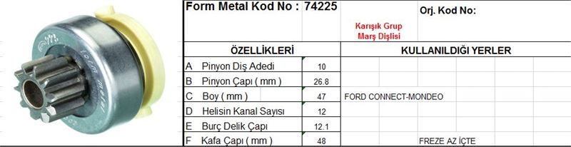 FM74225-1.jpg MARŞ DİŞLİSİ 10 DİŞ 12 KANAL FORD CONNECT MONDEO FREZE AZ ICTE (1 AD ) - Görsel 1