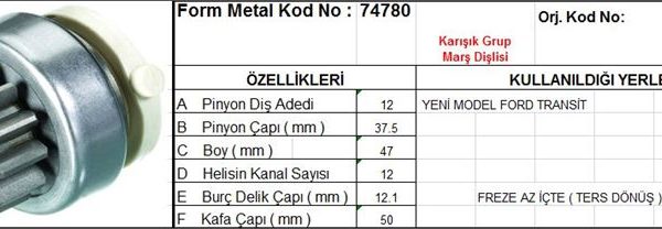 MARŞ DİŞLİSİ 12 DİŞ 12 KANAL FORD TRANSIT YM FREZE AZ ICTE TERS DONUSLU T.DÖN. DS=12 DKÇ=37,5 BOY=47 KS=12 BDÇ=12,1 GÇ=50 (1 AD )