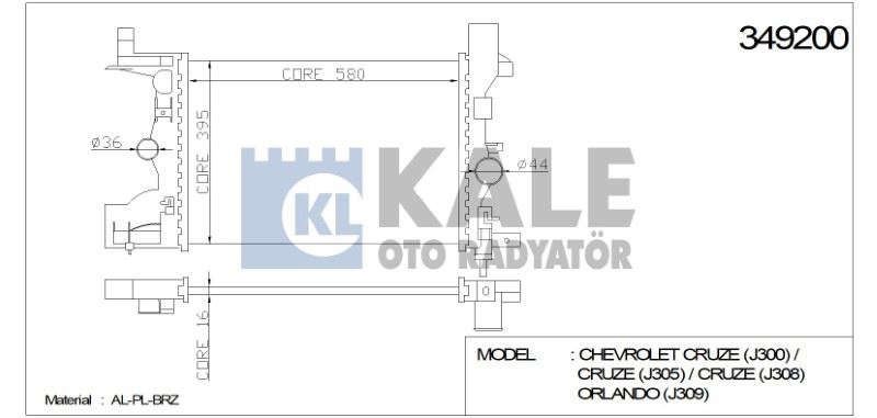 KL349200-1.jpg BRAZING SU RADYATÖRÜ OPEL ASTRA J 1.4/1.6/1.8 09- CHEVROLET CRUZE 1.6(579X397X16) AL/PL/BRZ (1 AD ) - Görsel 1