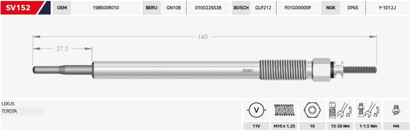 SV.152-3.jpg KIZDIRMA BUJİSİ 11V TOYOTA AURIS-AVENIS-COROLLA-RAV 4 2.2D - 4D (4 AD ) - Görsel 1