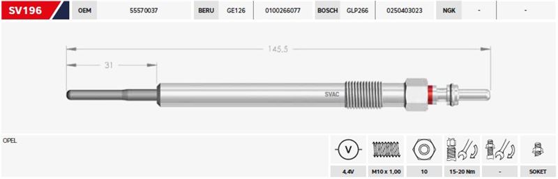 SV.196-3.jpg KIZDIRMA BUJİSİ 4,4V OPEL ASTRA J-K 1.6 CDTi INSIGNIA B 1.6 CDTi MERIVA B 1.6 CDTI MOKKA / MOKKA X (4 AD ) - Görsel 1