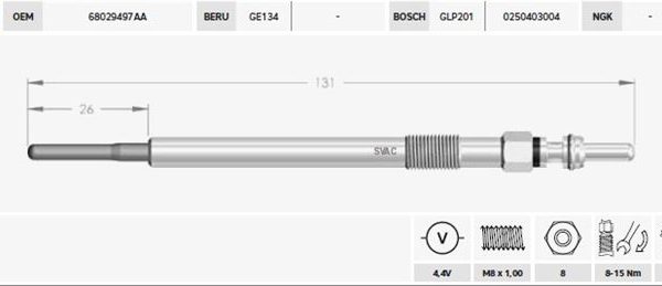 KIZDIRMA BUJİSİ 4,4V JEEP CHEROKEE (KK): 2.8 CRD DODGE CARAVAN: 2.8 CRD NITRO: 2.8 CRD CHRYSLER GRAN D VOYAGER V (RT): 2.8 CRD (4 AD )