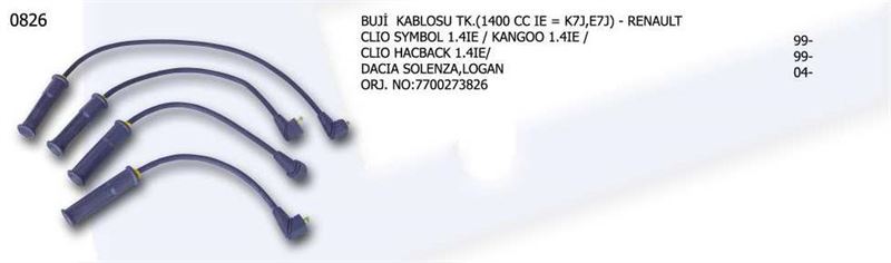 UNV.0826-1.jpg BUJİ KABLOSU RENAULT CLIO SYMBOL-HB 1 4İE KANGO 1 4İE-DACIA LOGANSOLENZA (1 TK ) - Görsel 1