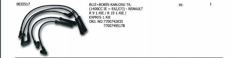 UNV.0835517-1.jpg BUJİ ve BOBİN KABLOSU RENAULT R9/1 4İE/ 19/1 4İE EXPRES 1 4İ 770742835-770749517B (1 TK ) - Görsel 1