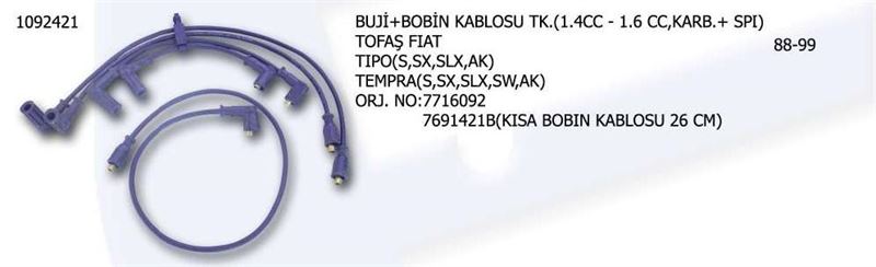 UNV.1092421-1.jpg BUJİ ve BOBİN KABLOSU TK.1/4 1/6 KRB SPI FIAT TIPO TEMPRA SX SLX SW AK (1 TK ) - Görsel 1