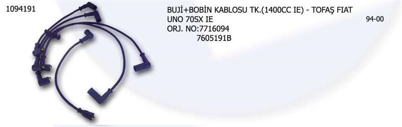 UNV.1094191-1.jpg BUJİ ve BOBİN KABLOSU 1/4 İE FIAT UNO 70SXİE 7716094 7605191B (1 TK ) - Görsel 1