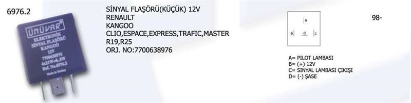 UNV.6976-2-1.jpg SİNYAL FLAŞÖRÜ RENAULT KANGOO CLIO ESPACE EXPRES TRAFIC MASTER 12V KÜÇÜK 7700638976 (1-04G) (1 AD ) - Görsel 1