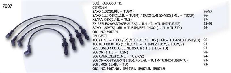 UNV.7007-1.jpg BUJİ KABLOSU TAKIMI PEUGEOT PARTNER 205-206-306- CITROEN SAXO XZARA- (1 TK ) - Görsel 1