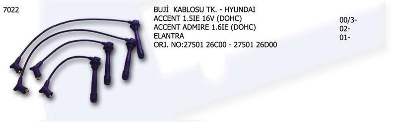 UNV.7022-1.jpg BUJİ KABLOSU TK.HYUNDAI ACCENT ERA ELANTRA ADMİRA 1.3 PİPO TİP(DOCH) (1 TK ) - Görsel 1